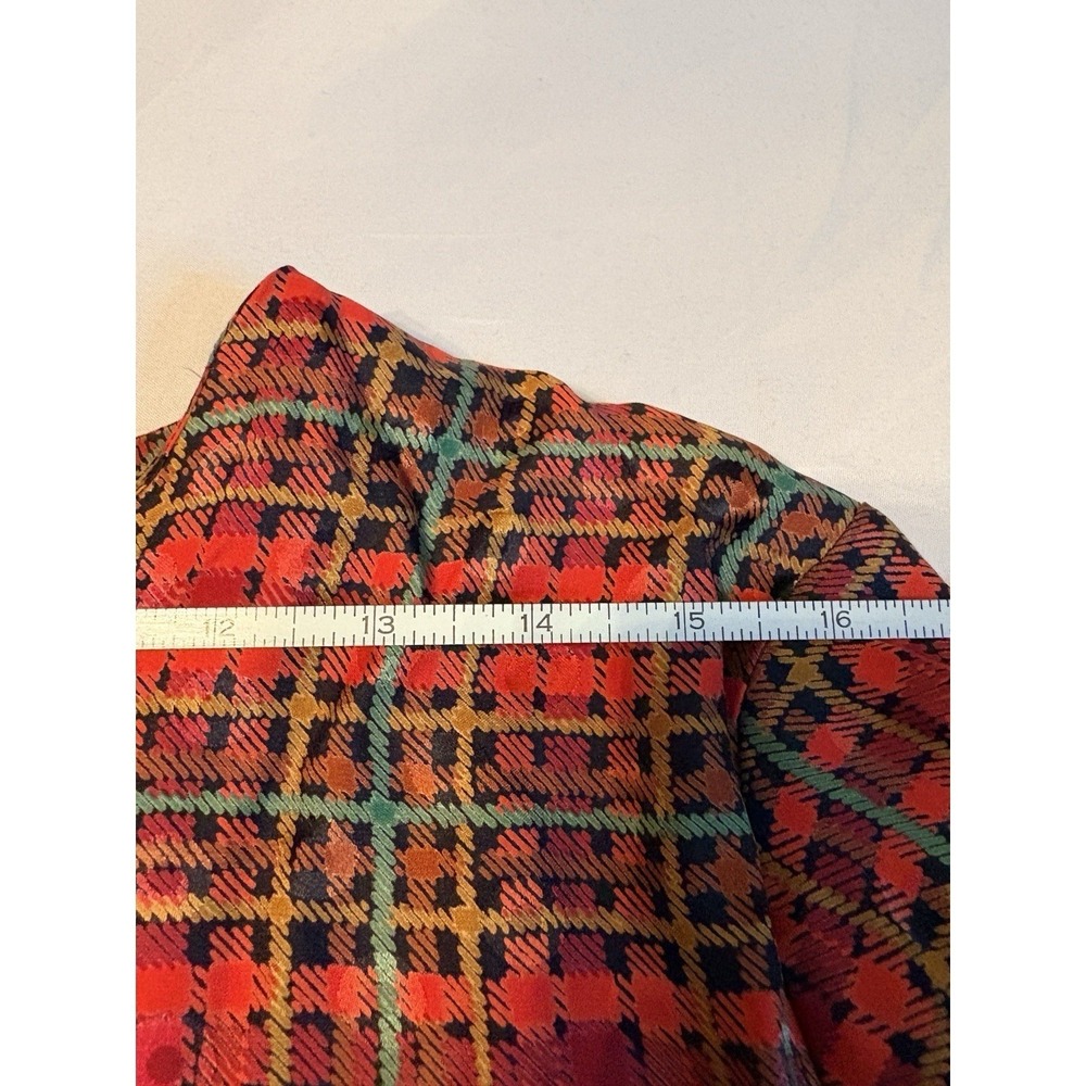 Silk Land Plaid Blouse Women Large Red 100% Pure Silk Long Sleeve Vintage Top - Picture 6 of 8